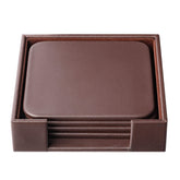 Chocolate Brown Leather 4 Square Coaster Set w/ Holder
